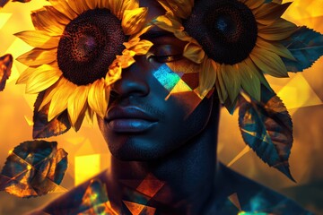 Wall Mural - A dark-skinned man's face is partially obscured by two vibrant sunflowers, creating a surreal and artistic portrait.
