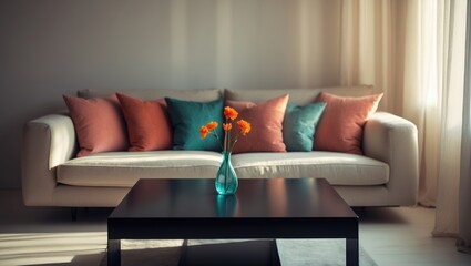 Poster - Modern minimalist clear contemporary living room interior design backdrop, sofa furniture and flowers visible from the window.