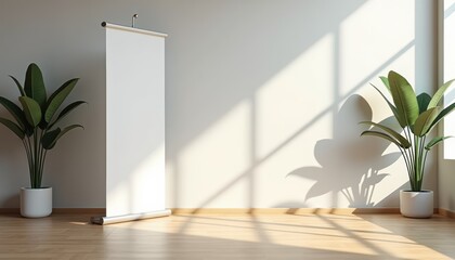 Poster - Minimalist room with plants and blank banner in natural light  