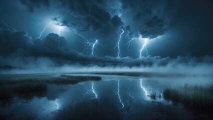 Poster - Dramatic scene of the night sky featuring a thunderstorm and lightning. Smoke, fog, and smog set against a landscape backdrop. Natural night landscape with the night sky, wet asphalt, and puddles.