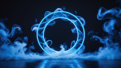 Poster - Neon blue geometric circle on a dark background. Circular mystical portal. Futuristic smoke.