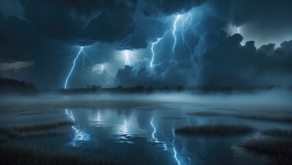 Poster - Dramatic scene of the night sky featuring a thunderstorm with lightning. Smoke, fog, and smog set against the landscape. Natural night scenery, night sky, wet pavement, and puddles.