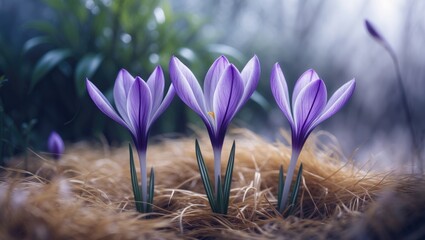 Poster - Purple crocuses rise prominently amid dry grass. Their vivid hues appear as surrounding flora starts to awaken, indicating the start of a new season.