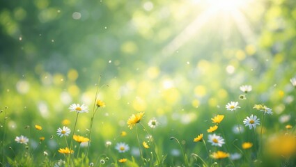 Aufkleber - Daisy in a green sunny spring meadow. Blurred luminous background with light bokeh and shallow depth of field. Horizontal close-up providing space for text.