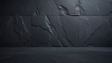 Poster - Dark grey and black slate surface exhibiting a natural pattern with high resolution for background and artistic design. Black stone wall.