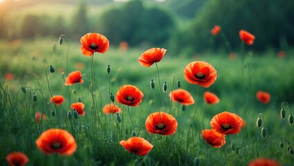 Aufkleber - A vibrant field abundant with red poppies extends infinitely, their eye-catching petals swaying in the sunlight, forming a vivid, scenic display of natural beauty and tranquility.