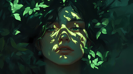 Wall Mural - dark green depths, shimmering light, wistful gaze , growth, light. wistful decay. illustration