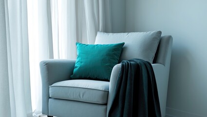 Poster - Comfortable armchair with cushions and plaid positioned by the window in the room.