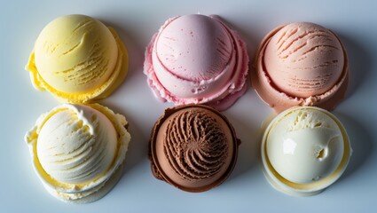 Poster - Ice Cream Collection, different ice cream scoops isolated on a surface, overhead view, blank space. Frozen yogurt or ice cream spheres variety - nutritious summer treat.