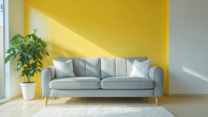 Leinwandbilder - Comfortable sofa positioned with a plant adjacent to wall in room
