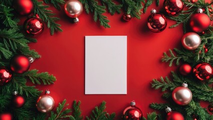 Poster - Composition featuring a blank card, lovely ornaments, and fir branches set against a background.