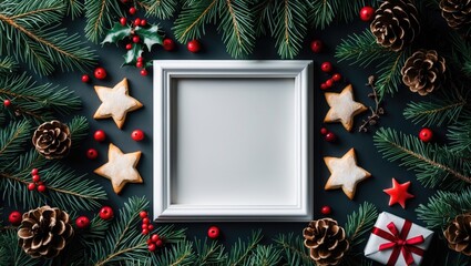 Poster - Creative arrangement of tree branches and decorations featuring space for text. View from above. Holiday theme.