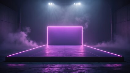 Fototapete - Empty dark stage, street, nighttime fog and smoke, neon lighting. Dark backdrop. Concrete surface, shadowy wall. Pink and purple neon. Spotlight illumination.