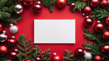 Poster - Composition featuring a blank card, attractive balls, and fir branches against the background.