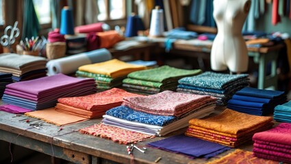 Poster - Colorful fabric samples arranged in a tailoring workshop setting.