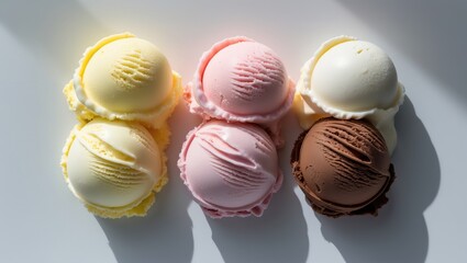 Poster - Ice Cream Collection, different ice cream scoops separated on a background, overhead view, space for text. Frozen yogurt or ice cream ball variety - nutritious summer treat.