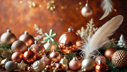 Fototapete - Copper-hued festive backdrop showcasing golden tones, Christmas ornaments, decorative elements, and feathers.