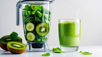 Poster - Green shake drink idea, blended fruits and vegetables in a blender preparing to create a smoothie with a glass of smoothie after blending for detox dietary, isolated clipping path on white.