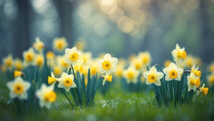 Aufkleber - Daffodils in a stunning natural setting with bokeh in the background.