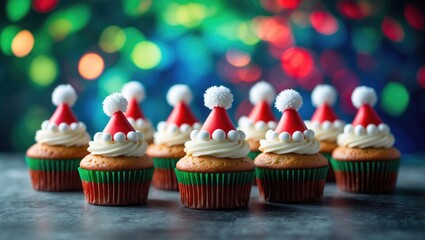 Poster - Cupcakes designed like Santa hats, placed against a colorful bokeh background; festive theme.