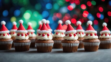 Poster - Cupcakes decorated to resemble Santa hats, against a colorful bokeh background; festive theme.