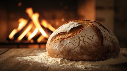 Poster - Crispy freshly baked homemade bread positioned by a stove with fire.