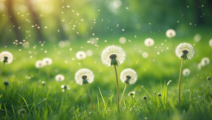 Aufkleber - Dandelion meadow featuring rising blowballs in the air, depicting a fresh green nature scene related to pollination with a blurred background.