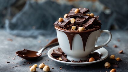 Poster - Cup of hot chocolate topped with chocolate pieces on a background.