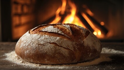 Poster - Crispy homemade bread freshly baked near a fire stove.