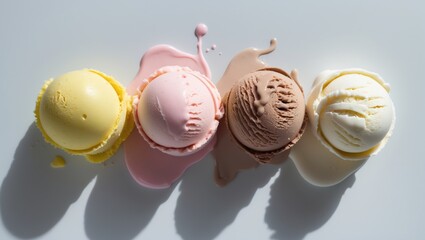 Poster - Ice Cream Collection, assorted ice cream scoops separated on a background, overhead view, empty space available. Frozen yogurt or ice cream balls variety - nutritious summer treat.