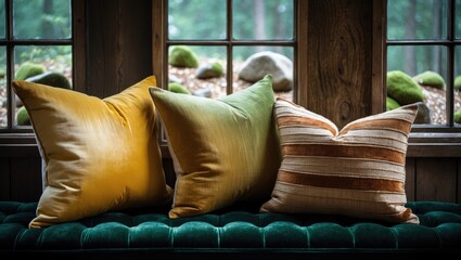 Aufkleber - Cozy window nook featuring textured cushions and a soft blanket, ideal for relaxation in a warm atmosphere.