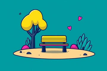 Poster - A Colorful Illustration of a Park Bench and Surrounding Nature