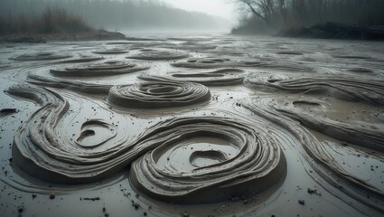 Fototapete - Dark grey wet sand surface and backdrop