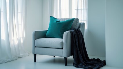 Poster - Cozy armchair with cushions and a throw near a window in a room.