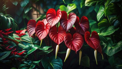 Wall Mural - A vibrant and colorful flower field in full bloom, displaying various shades of pink and red. The heart-shaped flowers are encircled by lush green foliage.