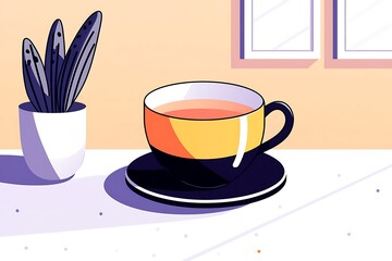 Poster - A vibrant colorful cup and plant arrangement indoors is shown