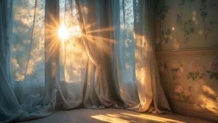 Poster - Curtain draped over window with light.
