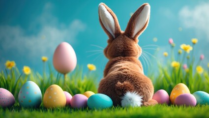 Poster - Colorful Easter eggs and a rabbit in a grassy field.