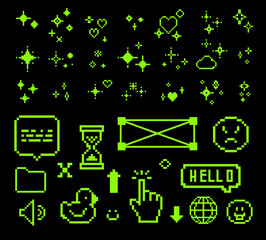 Poster - Pixels green elements set. Y2k stickers. Mood of 90's aesthetics. 8-bit retro style vector illustration. Black background. Simple geometric form, arrow, icon. Shapes for trendy y2k collage, poster.