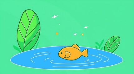 Poster - A cute yellow fish swimming in a simple and colorful pond