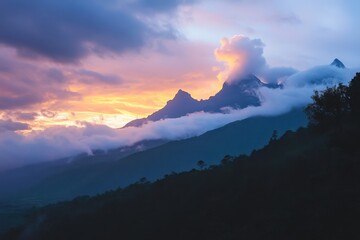 Poster - Cloudy sunset landscape over the mountains in Kenya with vibrant colors and soft clouds, A cloudy Kenya landscape during a sunset