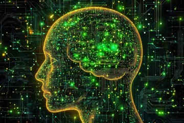 Fototapete - Network of connections visualizing a digital brain with vibrant circuitry patterns and glowing nodes, network of connections over digital brain