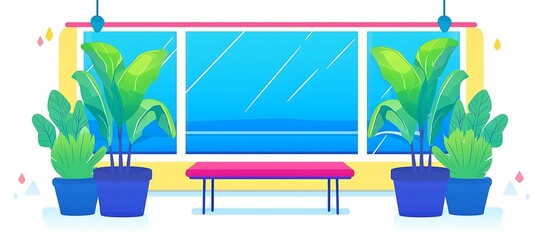 Poster - A vibrant interior illustration featuring plants and a simple pink bench