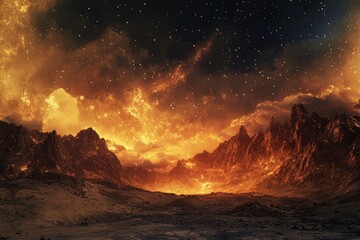 Wall Mural - fiery thunderstorm in the night sky 3d illustration panorama of the mountains .