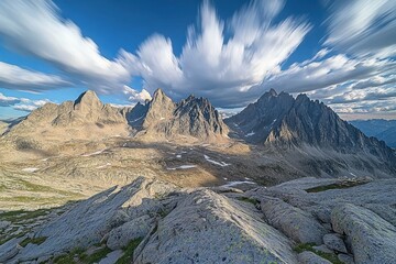 Poster - Timelapse of clouds flowing over rugged mountain peaks at sunset, A wide shot of clouds flowing on top of the mountain, time-lapse