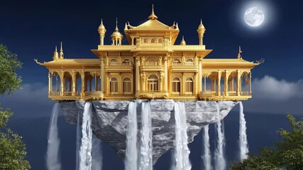 Wall Mural - Ethereal golden temple on floating island with cascading waterfalls beneath full moon sky at nighttime adventure