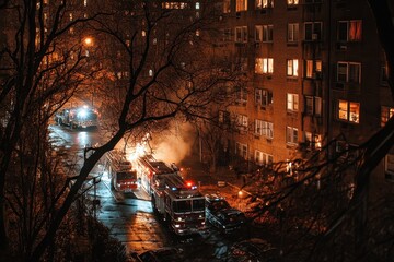 Wall Mural - fire in the city at night firefighters extinguish a fire night fire apartment is burning .