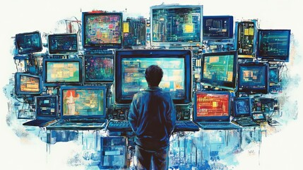A person standing in front of a wall of computer screens displaying complex data and information