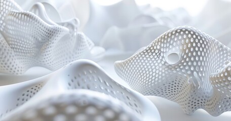 Wall Mural - 3d abstract patterns floating in air with a shallow depth of field, all white with white background
