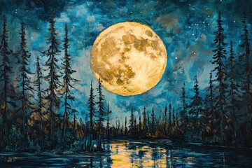 Wall Mural - full moon over pine forest night sky.